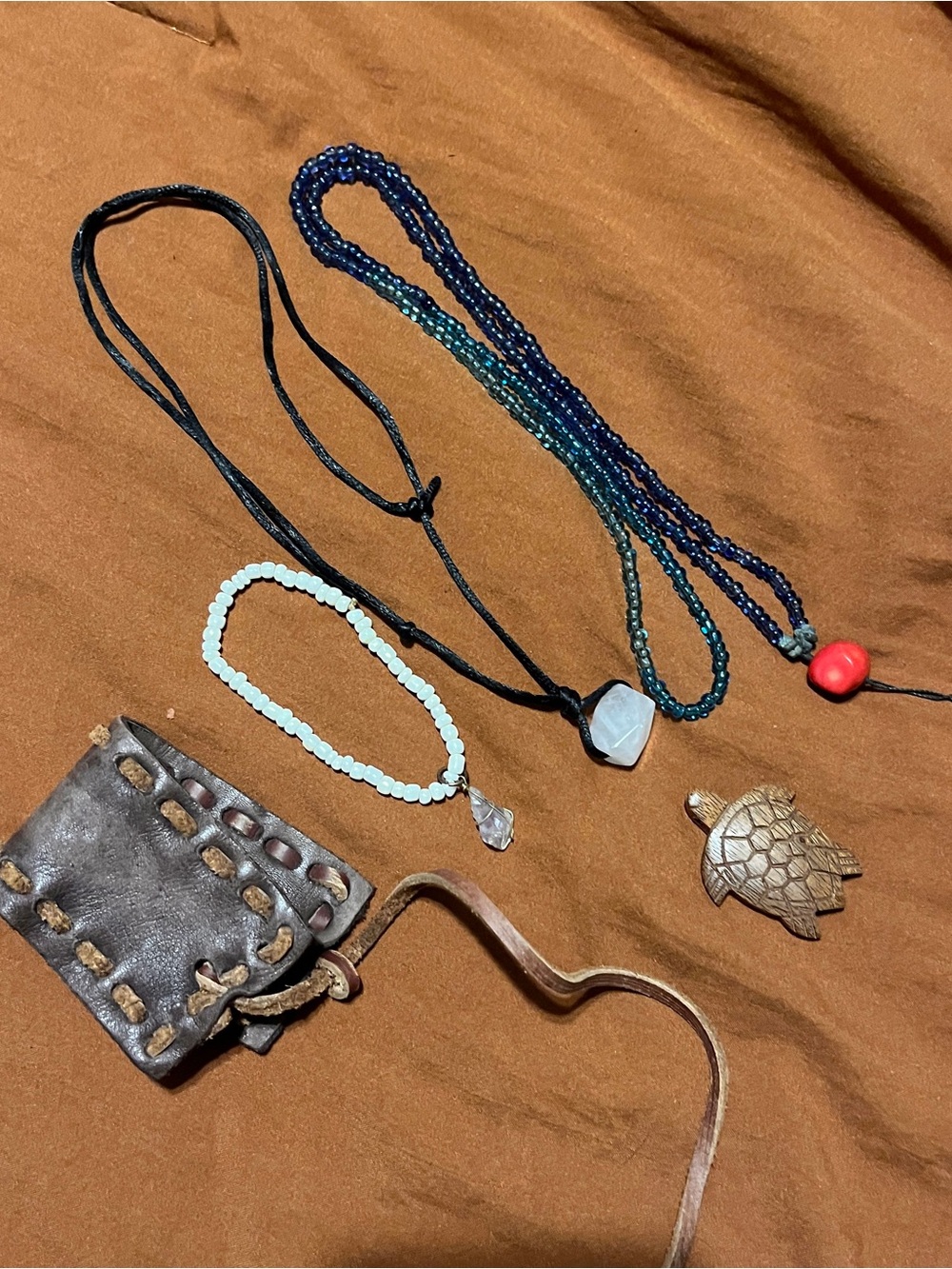 Leather Wrap Bracelet + Blue Beaded Necklace + Crystal Necklace + Bead Amethyst